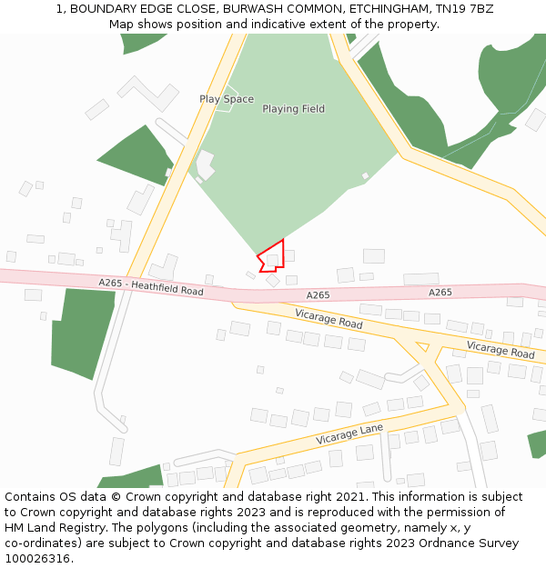 1, BOUNDARY EDGE CLOSE, BURWASH COMMON, ETCHINGHAM, TN19 7BZ: Location map and indicative extent of plot