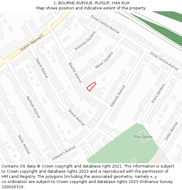 1, BOURNE AVENUE, RUISLIP, HA4 6UA: Location map and indicative extent of plot