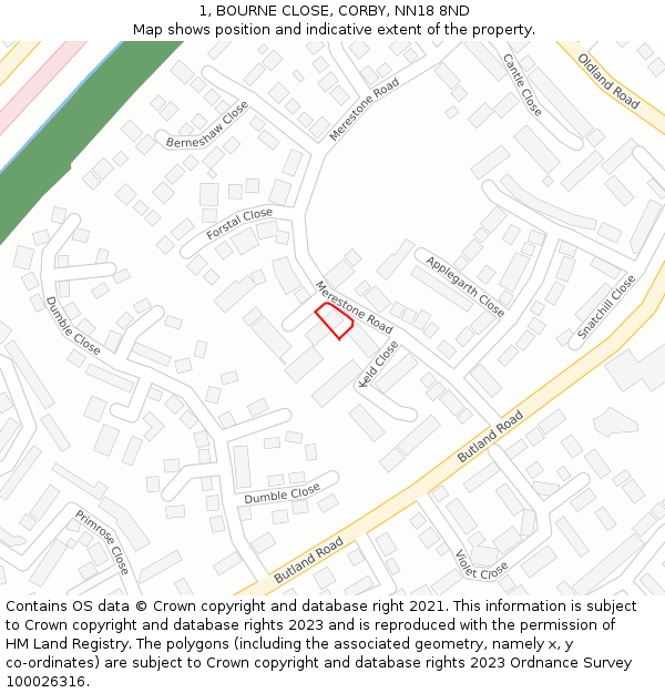 1, BOURNE CLOSE, CORBY, NN18 8ND: Location map and indicative extent of plot