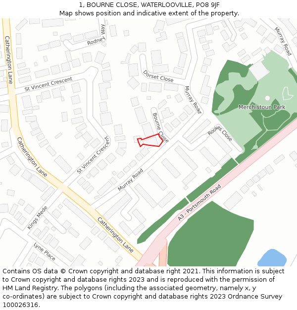 1, BOURNE CLOSE, WATERLOOVILLE, PO8 9JF: Location map and indicative extent of plot