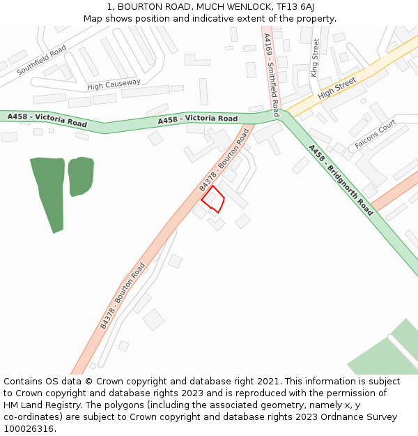 1, BOURTON ROAD, MUCH WENLOCK, TF13 6AJ: Location map and indicative extent of plot