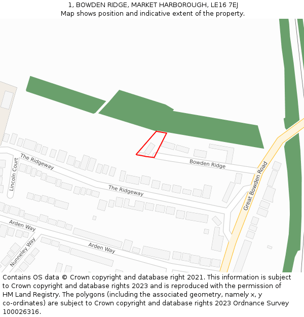 1, BOWDEN RIDGE, MARKET HARBOROUGH, LE16 7EJ: Location map and indicative extent of plot