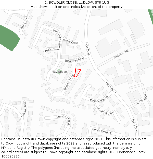 1, BOWDLER CLOSE, LUDLOW, SY8 1UG: Location map and indicative extent of plot