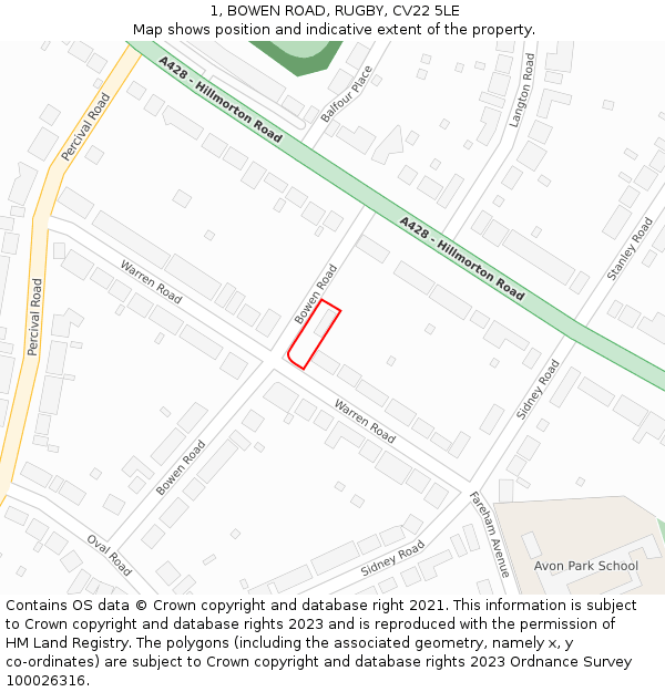 1, BOWEN ROAD, RUGBY, CV22 5LE: Location map and indicative extent of plot