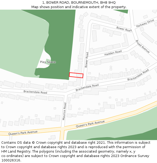 1, BOWER ROAD, BOURNEMOUTH, BH8 9HQ: Location map and indicative extent of plot