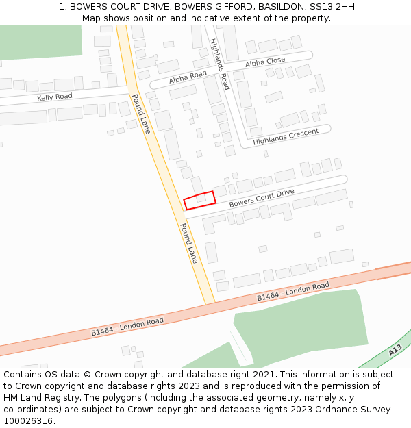 1, BOWERS COURT DRIVE, BOWERS GIFFORD, BASILDON, SS13 2HH: Location map and indicative extent of plot
