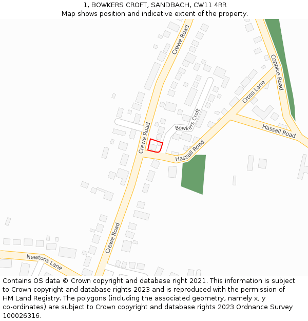 1, BOWKERS CROFT, SANDBACH, CW11 4RR: Location map and indicative extent of plot