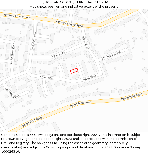 1, BOWLAND CLOSE, HERNE BAY, CT6 7UP: Location map and indicative extent of plot