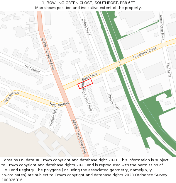 1, BOWLING GREEN CLOSE, SOUTHPORT, PR8 6ET: Location map and indicative extent of plot