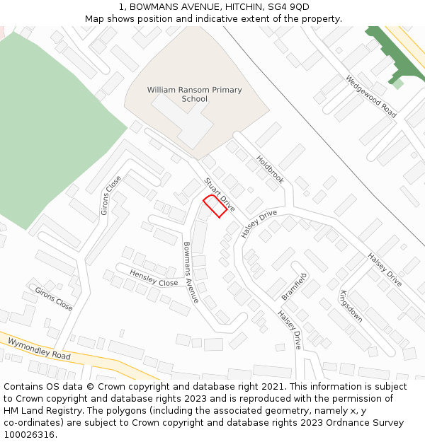 1, BOWMANS AVENUE, HITCHIN, SG4 9QD: Location map and indicative extent of plot