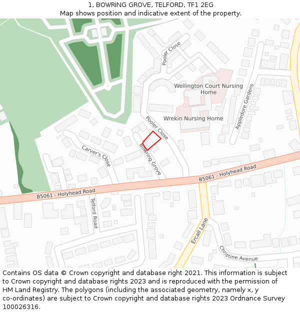 1, BOWRING GROVE, TELFORD, TF1 2EG: Location map and indicative extent of plot
