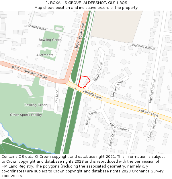 1, BOXALLS GROVE, ALDERSHOT, GU11 3QS: Location map and indicative extent of plot