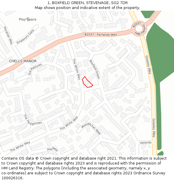 1, BOXFIELD GREEN, STEVENAGE, SG2 7DR: Location map and indicative extent of plot