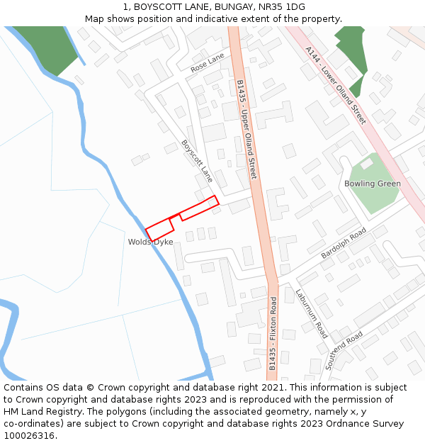 1, BOYSCOTT LANE, BUNGAY, NR35 1DG: Location map and indicative extent of plot
