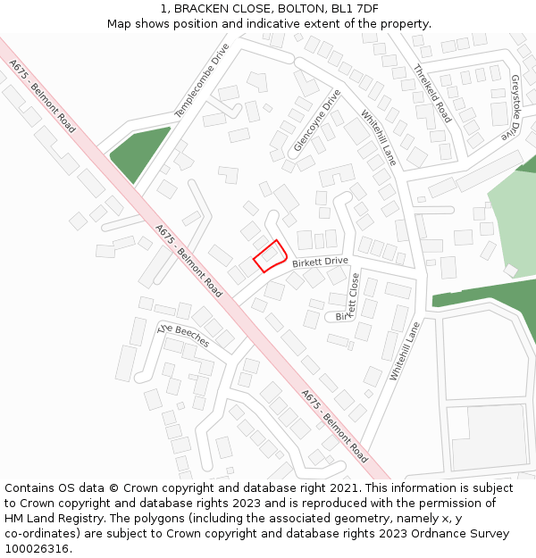 1, BRACKEN CLOSE, BOLTON, BL1 7DF: Location map and indicative extent of plot