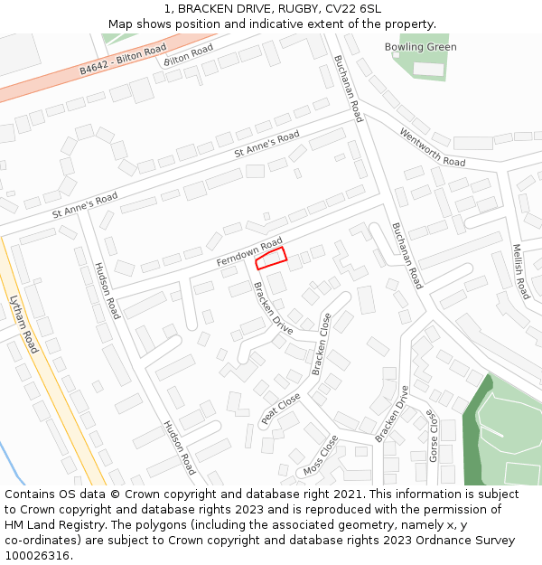 1, BRACKEN DRIVE, RUGBY, CV22 6SL: Location map and indicative extent of plot