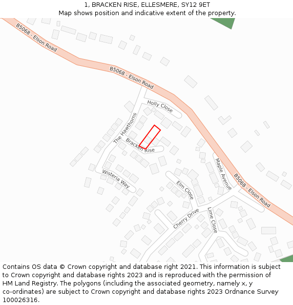 1, BRACKEN RISE, ELLESMERE, SY12 9ET: Location map and indicative extent of plot