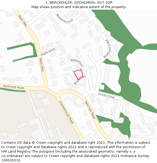 1, BRACKENLEA, GODALMING, GU7 2QR: Location map and indicative extent of plot