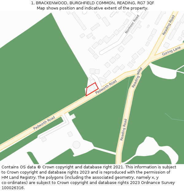 1, BRACKENWOOD, BURGHFIELD COMMON, READING, RG7 3QF: Location map and indicative extent of plot