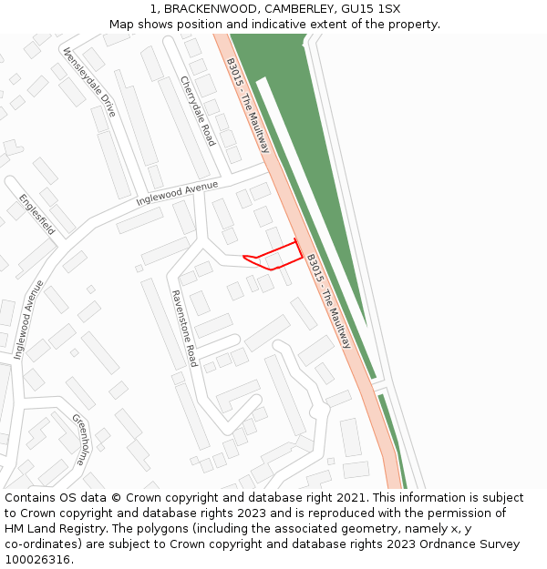 1, BRACKENWOOD, CAMBERLEY, GU15 1SX: Location map and indicative extent of plot