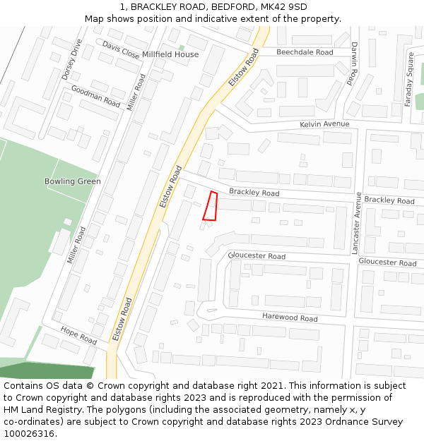 1, BRACKLEY ROAD, BEDFORD, MK42 9SD: Location map and indicative extent of plot