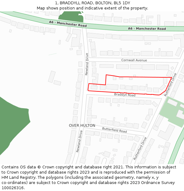 1, BRADDYLL ROAD, BOLTON, BL5 1DY: Location map and indicative extent of plot
