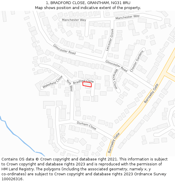 1, BRADFORD CLOSE, GRANTHAM, NG31 8RU: Location map and indicative extent of plot