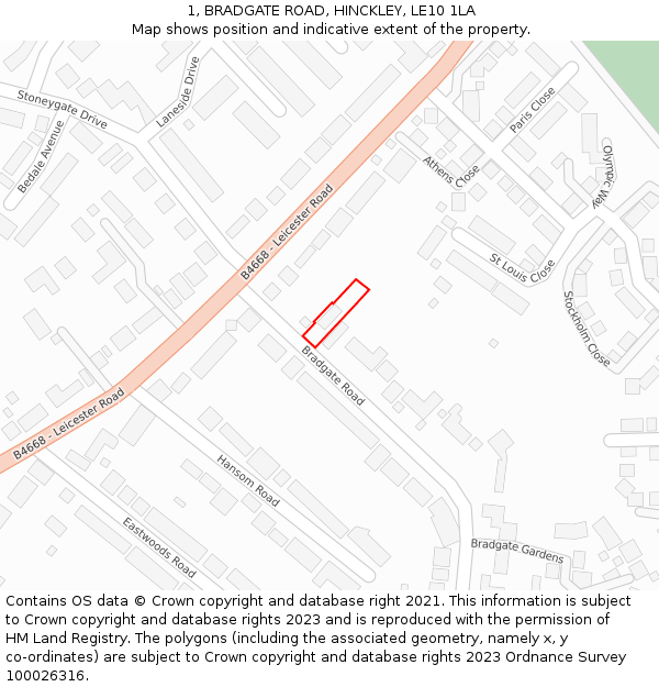 1, BRADGATE ROAD, HINCKLEY, LE10 1LA: Location map and indicative extent of plot