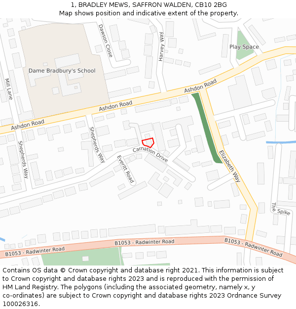 1, BRADLEY MEWS, SAFFRON WALDEN, CB10 2BG: Location map and indicative extent of plot