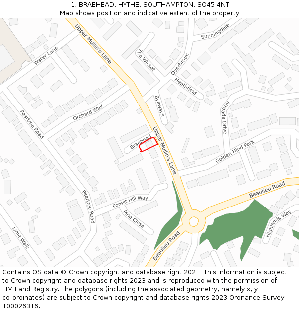 1, BRAEHEAD, HYTHE, SOUTHAMPTON, SO45 4NT: Location map and indicative extent of plot