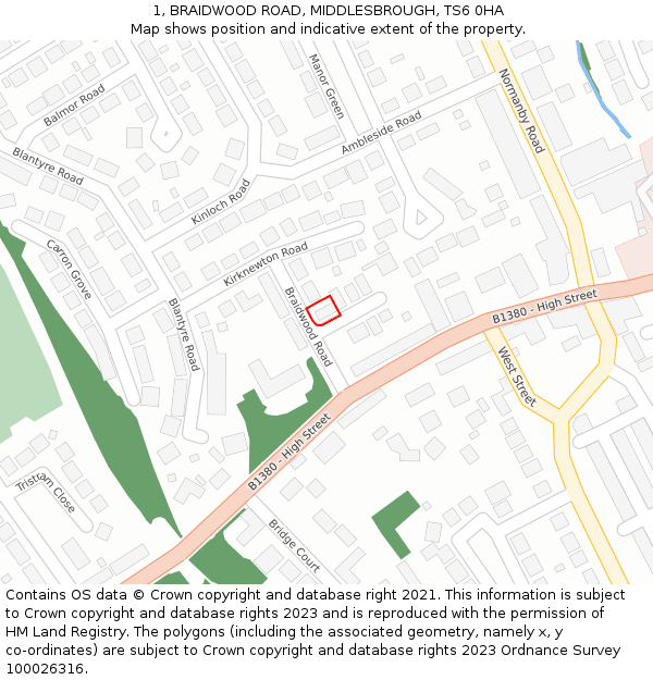 1, BRAIDWOOD ROAD, MIDDLESBROUGH, TS6 0HA: Location map and indicative extent of plot