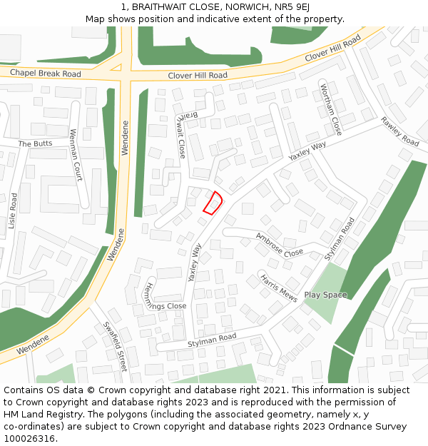 1, BRAITHWAIT CLOSE, NORWICH, NR5 9EJ: Location map and indicative extent of plot