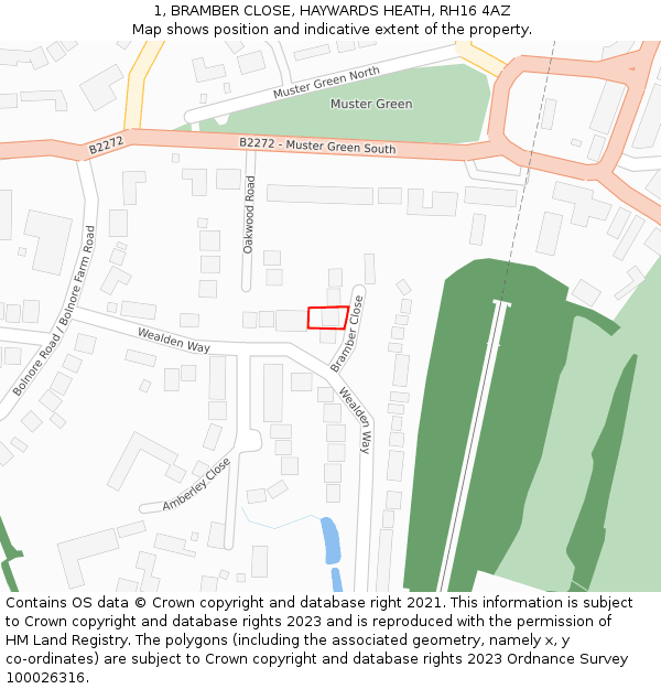 1, BRAMBER CLOSE, HAYWARDS HEATH, RH16 4AZ: Location map and indicative extent of plot