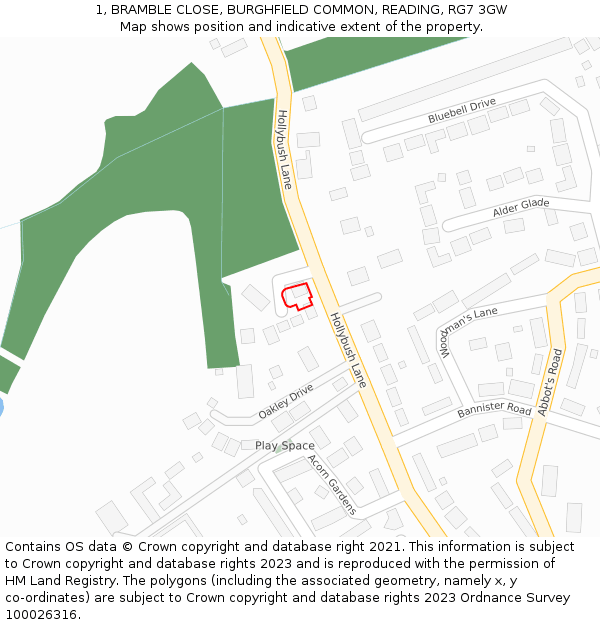 1, BRAMBLE CLOSE, BURGHFIELD COMMON, READING, RG7 3GW: Location map and indicative extent of plot