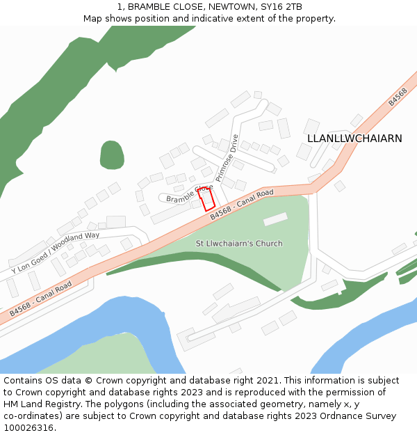 1, BRAMBLE CLOSE, NEWTOWN, SY16 2TB: Location map and indicative extent of plot