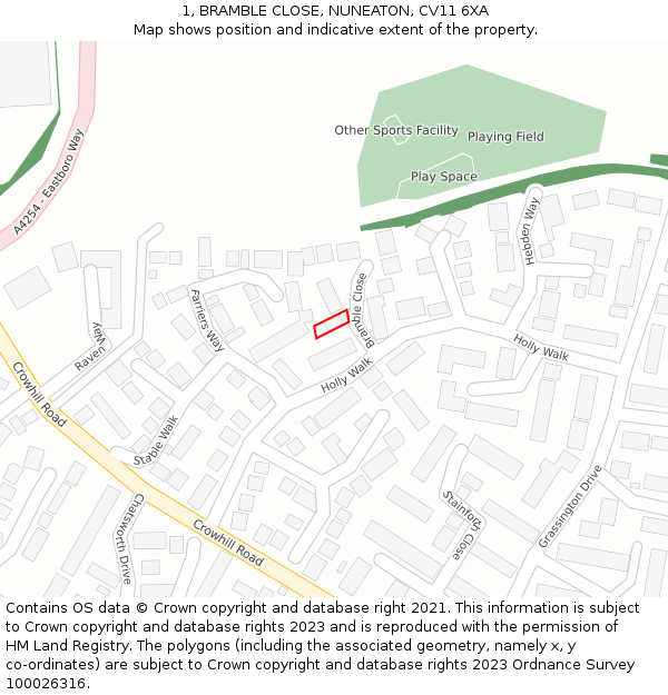 1, BRAMBLE CLOSE, NUNEATON, CV11 6XA: Location map and indicative extent of plot