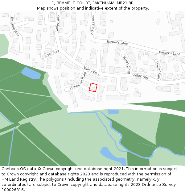 1, BRAMBLE COURT, FAKENHAM, NR21 8PJ: Location map and indicative extent of plot