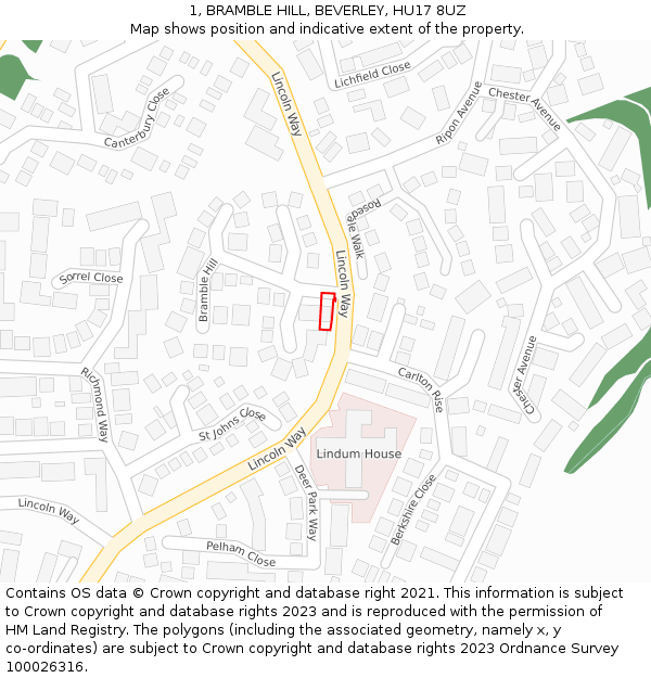 1, BRAMBLE HILL, BEVERLEY, HU17 8UZ: Location map and indicative extent of plot