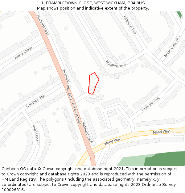 1, BRAMBLEDOWN CLOSE, WEST WICKHAM, BR4 0HS: Location map and indicative extent of plot
