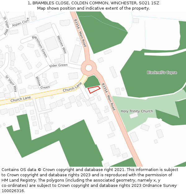 1, BRAMBLES CLOSE, COLDEN COMMON, WINCHESTER, SO21 1SZ: Location map and indicative extent of plot