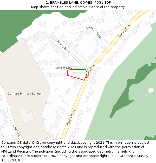 1, BRAMBLES LANE, COWES, PO31 8DR: Location map and indicative extent of plot