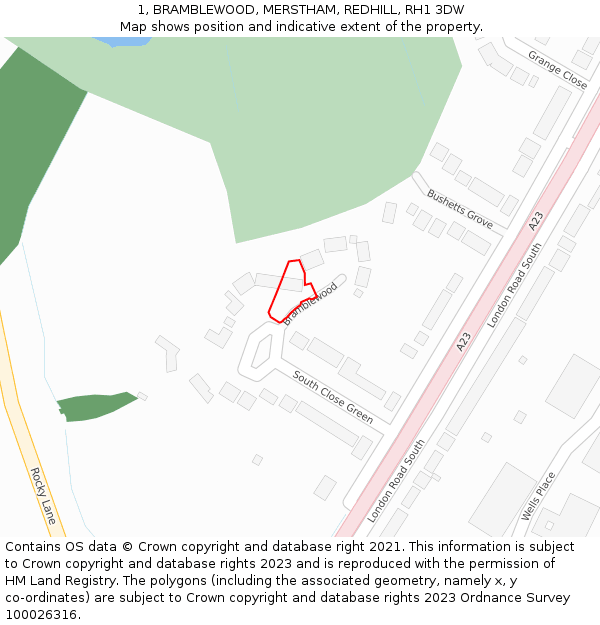 1, BRAMBLEWOOD, MERSTHAM, REDHILL, RH1 3DW: Location map and indicative extent of plot