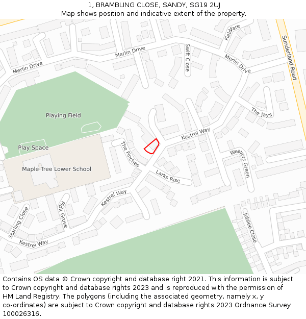 1, BRAMBLING CLOSE, SANDY, SG19 2UJ: Location map and indicative extent of plot