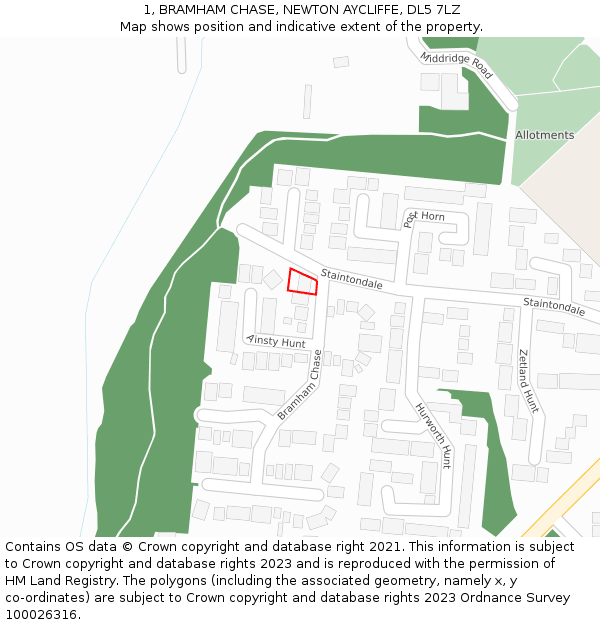 1, BRAMHAM CHASE, NEWTON AYCLIFFE, DL5 7LZ: Location map and indicative extent of plot