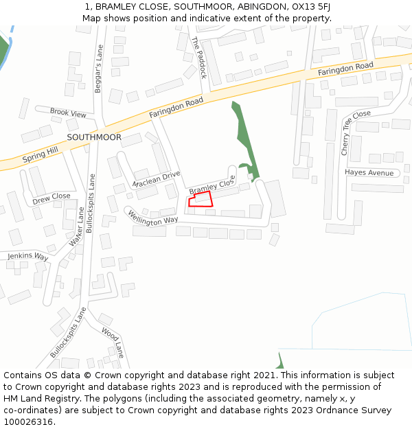 1, BRAMLEY CLOSE, SOUTHMOOR, ABINGDON, OX13 5FJ: Location map and indicative extent of plot