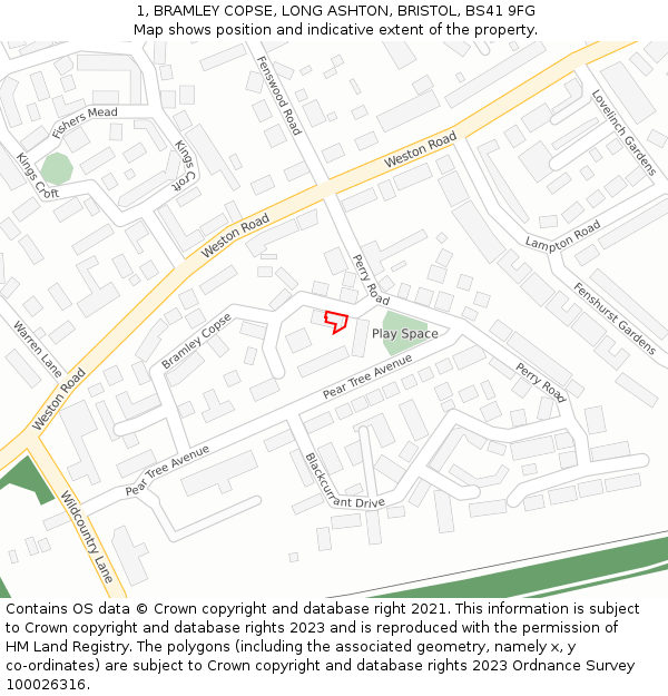1, BRAMLEY COPSE, LONG ASHTON, BRISTOL, BS41 9FG: Location map and indicative extent of plot