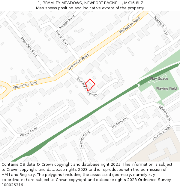 1, BRAMLEY MEADOWS, NEWPORT PAGNELL, MK16 8LZ: Location map and indicative extent of plot