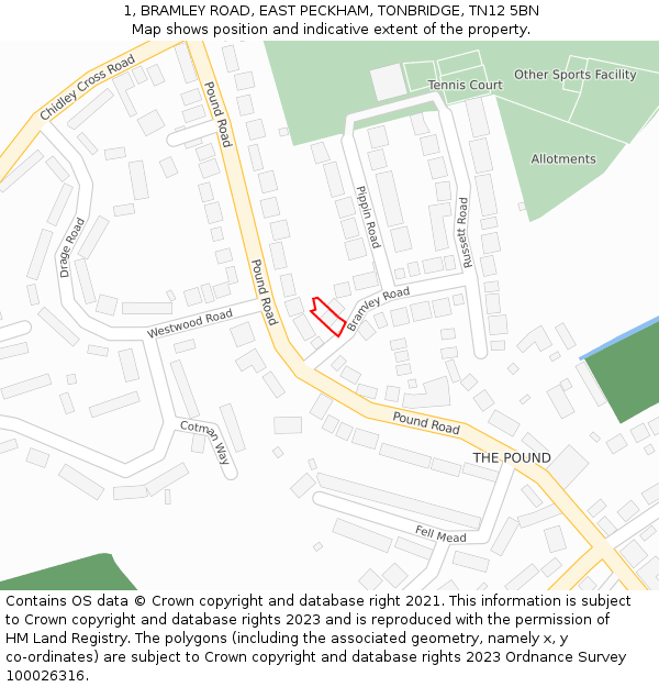 1, BRAMLEY ROAD, EAST PECKHAM, TONBRIDGE, TN12 5BN: Location map and indicative extent of plot