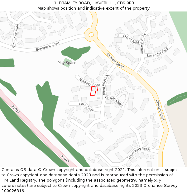 1, BRAMLEY ROAD, HAVERHILL, CB9 9PR: Location map and indicative extent of plot