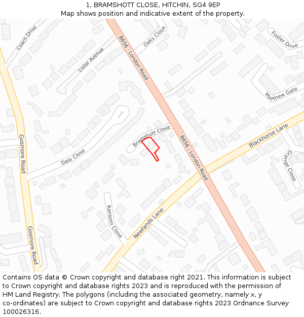 1, BRAMSHOTT CLOSE, HITCHIN, SG4 9EP: Location map and indicative extent of plot